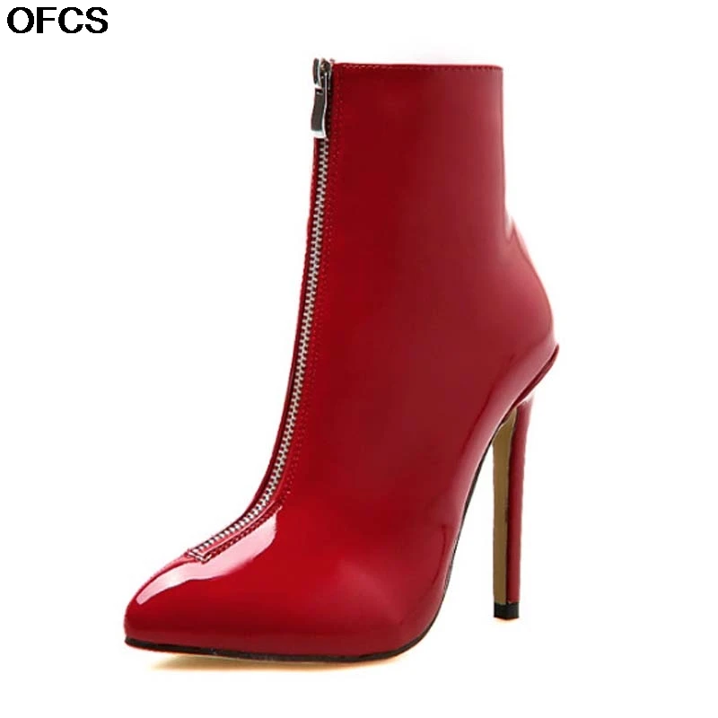 Новые модные женские ботинки из лакированной кожи на шпильке пикантные женские ботинки на тонком высоком каблуке с молнией спереди и сзади Размеры 35-40 - Цвет: Красный