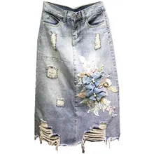 Женские юбки, джинсы из денима с кнопками, Цветочная вышивка, Повседневная винтажная джинсовая юбка с высокой талией для женщин