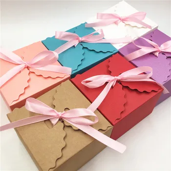 

50Pcs Carton Kraft Candy Paper Box Kraft Cloth Gift Packing Boxes Wedding Party Birthday Favor Candy Gift Boxes With Ribbon
