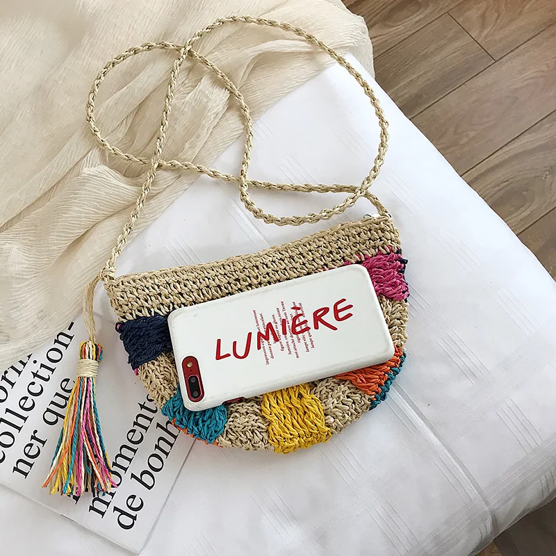 New Summer Handmade Bags Women Pompon Beach Weaving Ladies Straw Bag Wrapped Beach Bag Moon shaped Bag