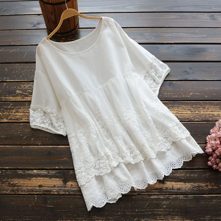 

6060 new summer women mori girl Literary mesh patchwork embroidery short sleeve blouse women cotton O-Neck Pullover shirts top