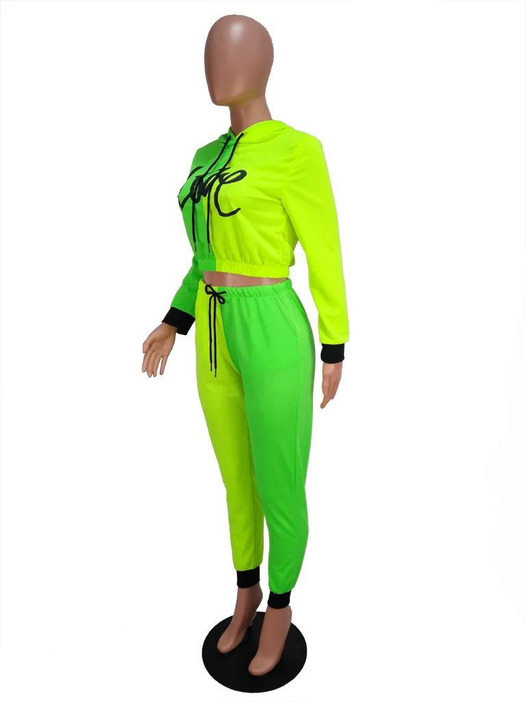 Зимний женский флуоресцентный желтый зеленый спортивный костюм с длинными рукавами и капюшоном, укороченный топ, штаны для бега, костюм, Осенний уличный комплект одежды