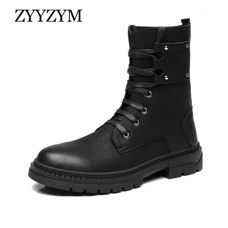 

ZYYZYM Boots Men Ankle Boots Leather Black Lace Up Men Motorcycle boots Shoes Booties High-Top Casual Shoes Zapatos De Hombre