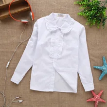 Новинка; сезон весна-лето; кружевная хлопковая однотонная белая блузка для маленьких девочек; белые рубашки с длинными рукавами для девочек
