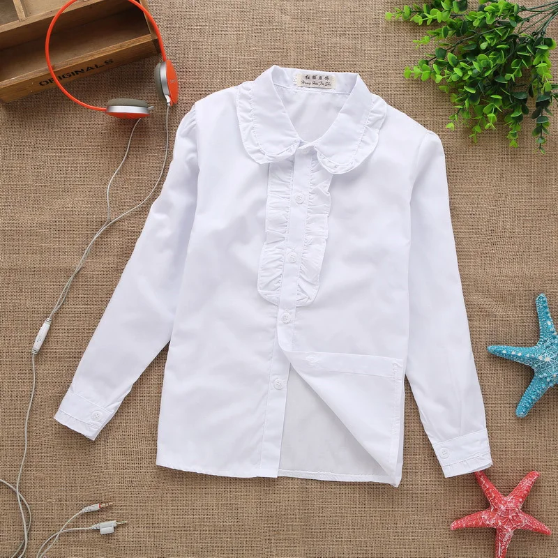 2017 new summer spring lace cotton solid White baby kids girls Blouse white shirts with long sleeves for children girls