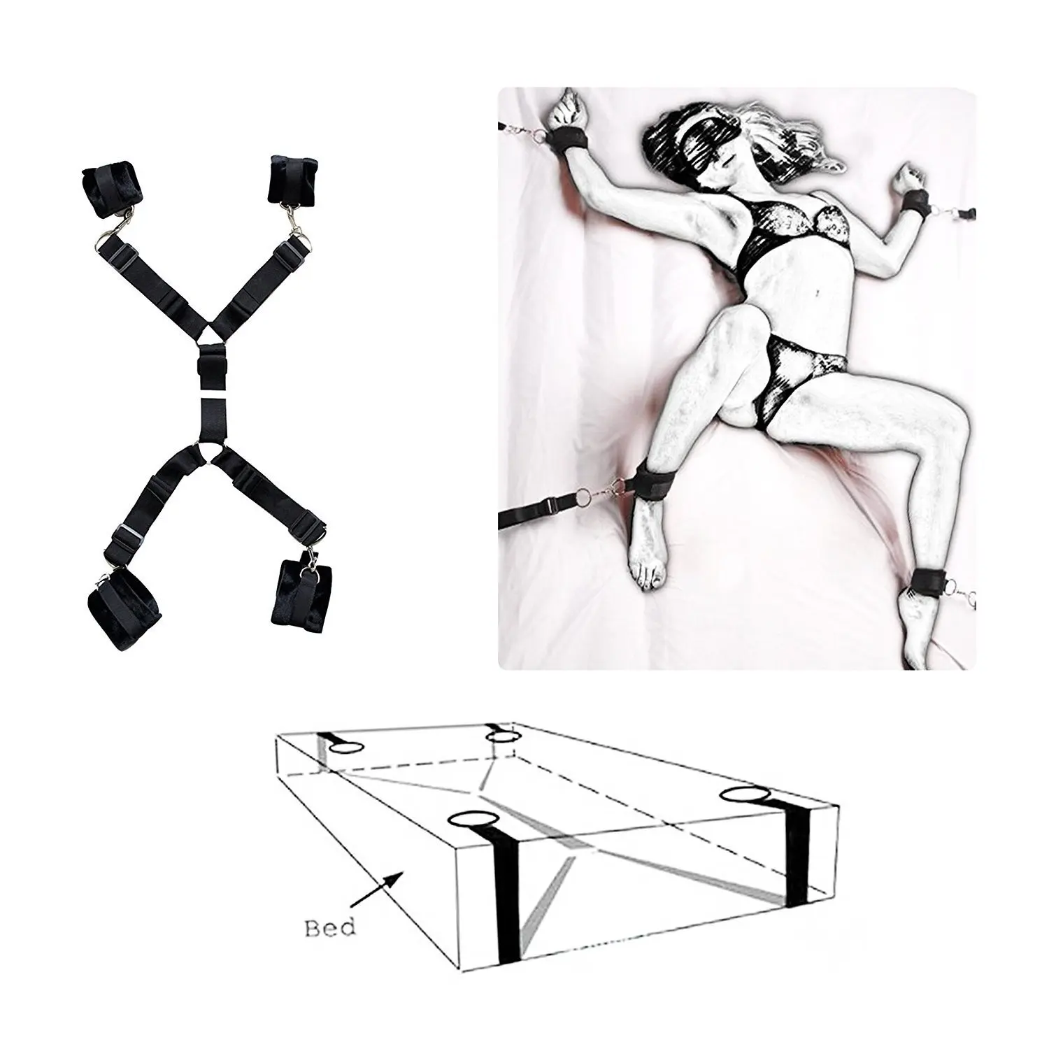  Under Bed Restraint Kit Adjustable Straps Fit Almost Any Size Mattress with Flirting Tickler (Black