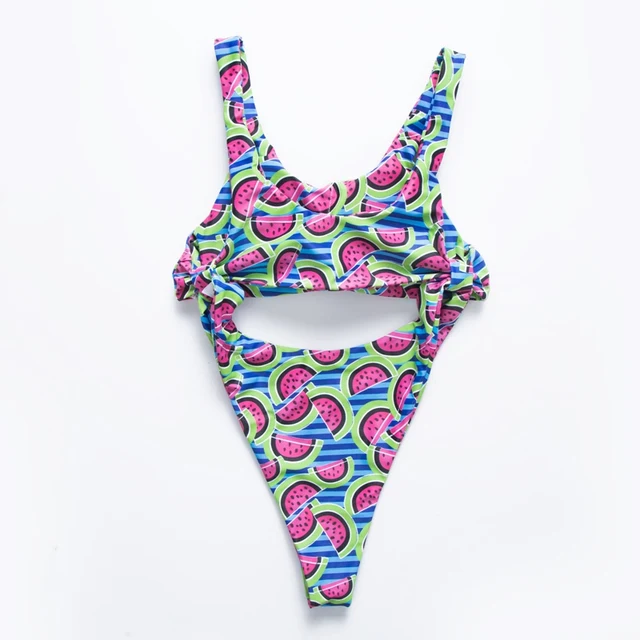 Summer Women Sexy Bandage Cut Out One Piece Set Colorful Print Swimwear