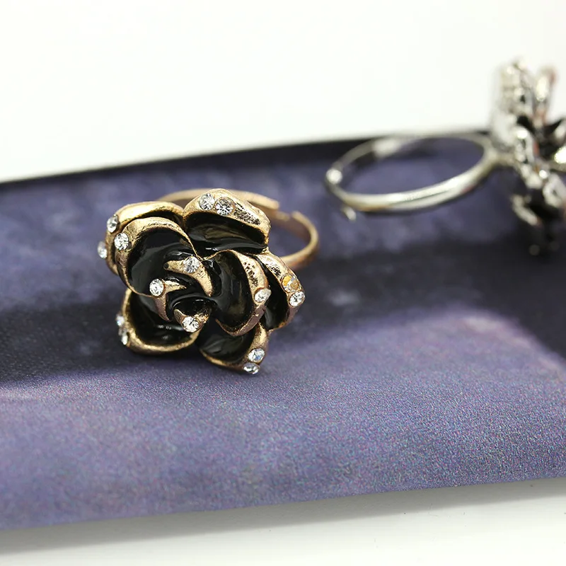Мода Капельное розовое черное цветочное кольцо со стразами Камелия открытое регулируемое кольцо для женщин аксессуары