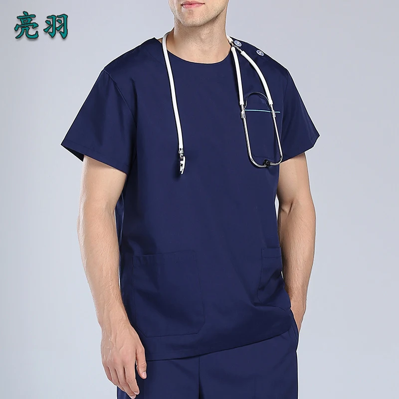 Высокое качество короткий рукав круглый воротник медицинский скраб костюмы с регулируемыми плечевыми кнопками медицинская одежда для мужчин