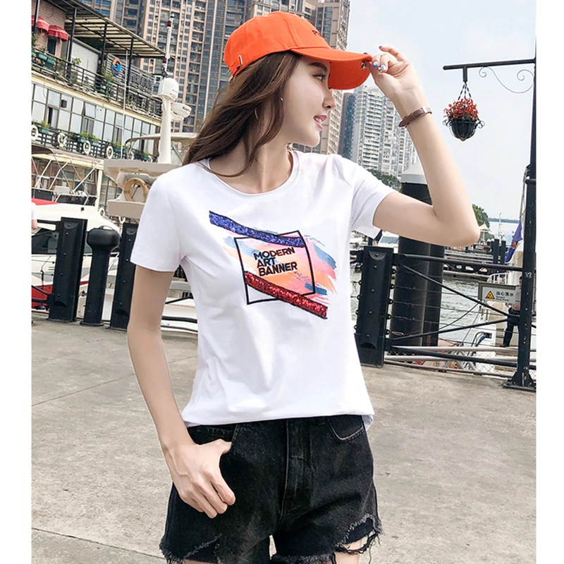 

GGRIGHT Summer Cotton Print Sequin Tshirt Women White Black Women Tees O-Neck Short Sleeve T-shirt 2019 Women Tops harajuku