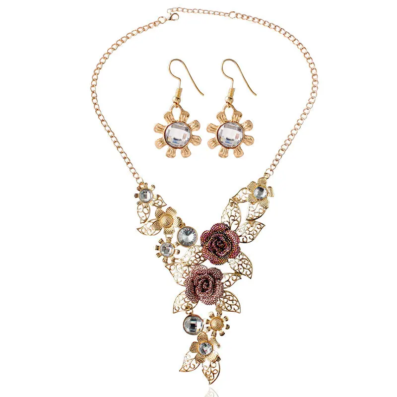 

Exaggerated Vintage Alloy Hollow Flower Pattern Crystal Necklace Earrings Set Two-piece Fit for Women Charm DIY Jewelry Sets