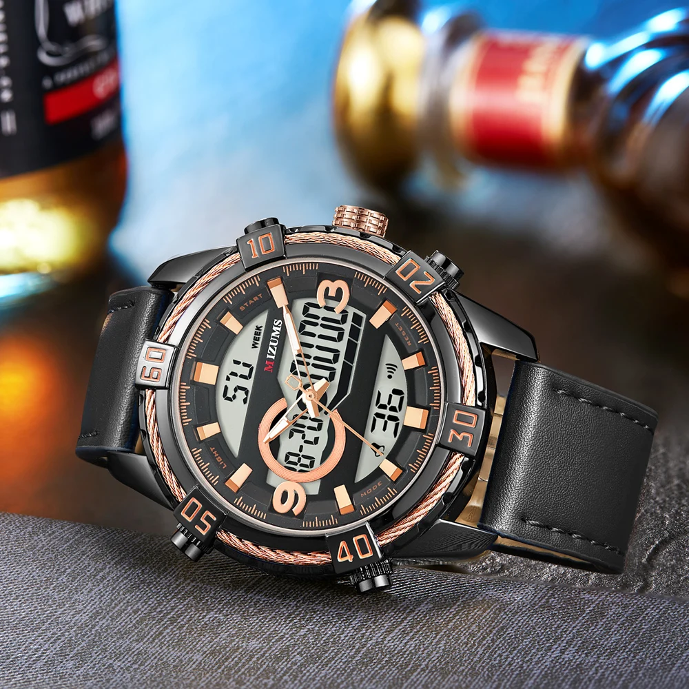 Mens Watches Top Luxury Brand Men Leather Sports Watches MIZUMS Men's Quartz LED Digital Clock Waterproof Military Wrist Watch 2019 New montre hommes (26)
