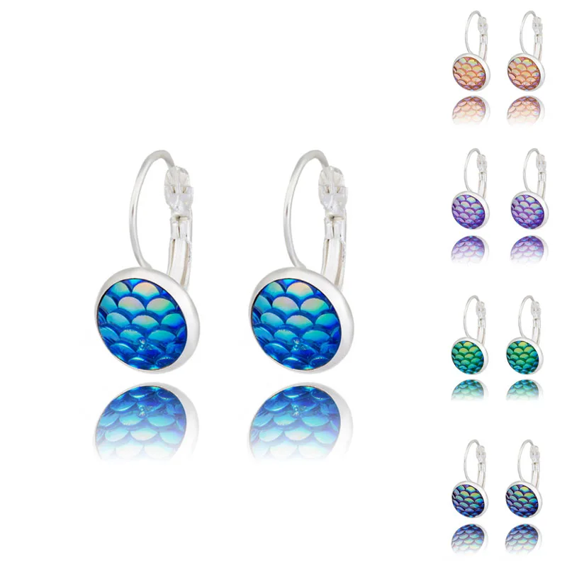 

Vintage Mermaid Jewelry with Silver Color Mermaid Fish Scale and Natural Druzy Stone Stud Earring for Women Wedding Gift