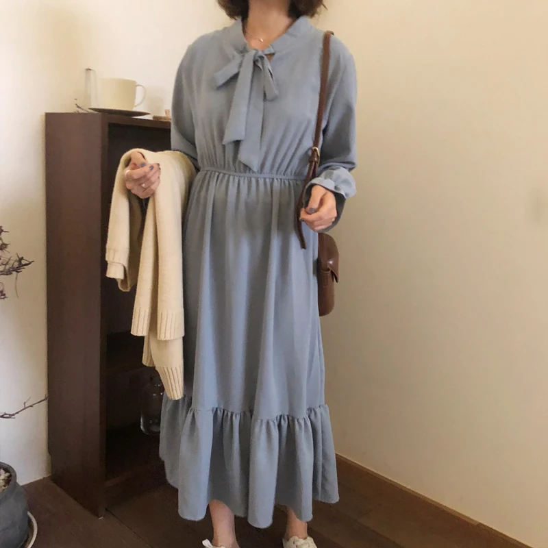 

Office Lady Elegant Bow Collar Dress High Wait Elastic Full Sleeve Dresses for Women Korean Slim Midi Autumn Robe Party Dress