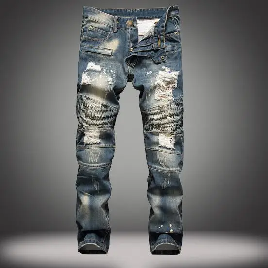 2018 Spring Autumn Men Ripped Jeans Slim Fit Denim Pants tiedye Jeans Men Pleated Motorcycle Biker Jeans hip hop Strech for man
