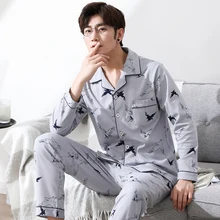 Мужская пижама с длинными рукавами, осень хлопок, теплый мужской пижамный комплект, кардиган с отложным воротником, свободная Мужская одежда для сна, L-XXXL