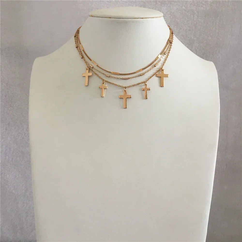 

TRENDY GOLD COLOR FIVE CROSS PENDANT THREE LAYERED NECKLACE FOR WOMAN GIRL