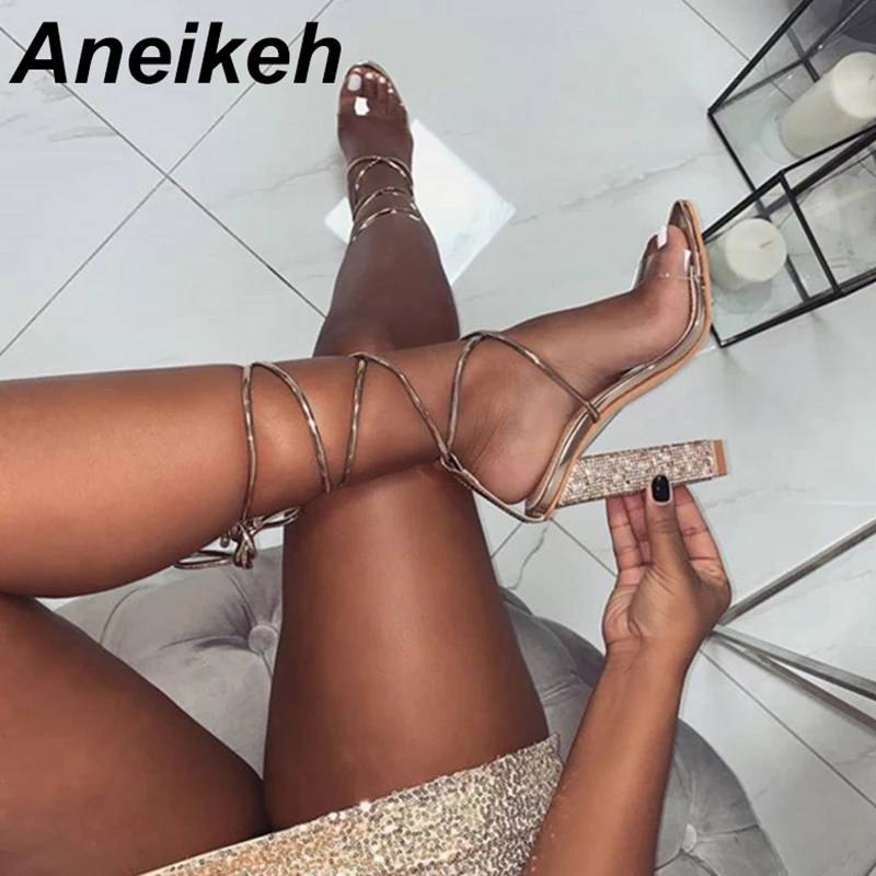 

Aneikeh Women High Heels Sandals Summer Square Heels Crystal Heeled Lace Up Shoes Ladies Sexy Party Wedding Shoes Size 42 40 41