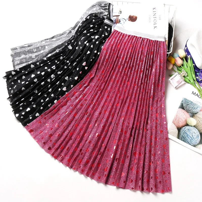 

2019 Spring New Arrival Bright Silk Pleated Skirt Women Korean Slim High Waist Stretch A Line Skirt Plus Size Black Long Skirt