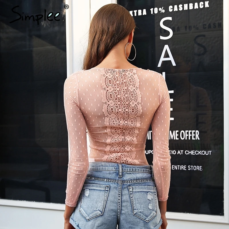 Simplee V neck skinny sexy lace bodysuit Mesh transparent white bodysuit women Long sleeve summer beach romper overalls 2018 Simplee V neck skinny sexy lace bodysuit Mesh transparent white bodysuit women Long sleeve summer beach romper overalls 2018