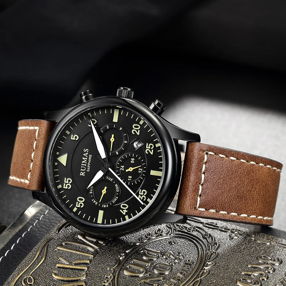 RUIMAS الرجال الموضة حقيقية الجلود حزام ووتش التلقائي الأعمال ساعات آلية الذكور ساعة المعصم Erkek كول الساعاتي