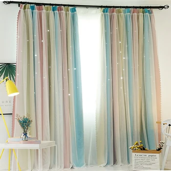 

Gradient Color Hollow Stars Blackout Curtains For Living Room Bedroom Romantic Window Curtain with White Lace Voile Tulle