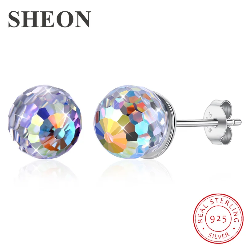 

SHEON Dazzling 925 Sterling Silver Round Ball Crystal Stud Earrings For Women Authentic Sterling Silver Jewelry Valentine Gift