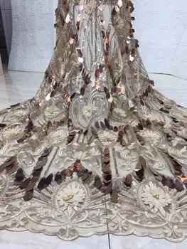 

2019 High Quality African Lace Fabric Khaki Beads French Lace Fabric Tulle Sequins Nigerian Lace Fabric For Wedding Dress