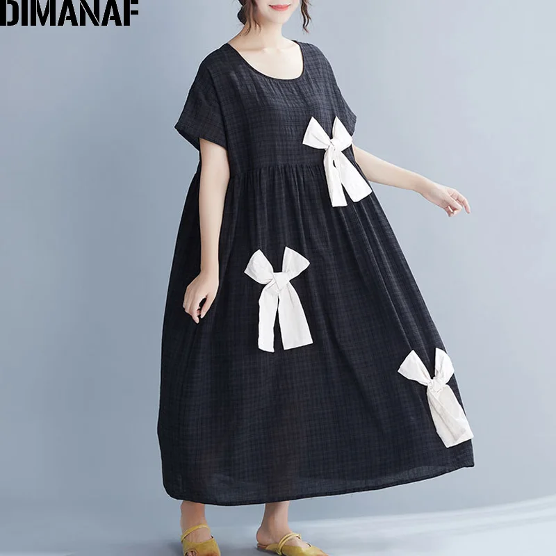 DIMANAF Plus Size Women Dress Summer Bowknot Cotton Linen Fashion Lady Vestidos Female Clothing Loose Casual Style Dress Black