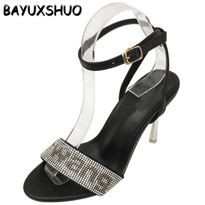 

BAYUXSHUO Roman Style Ladies High Heel Sandals Rhinestone Decorative Open Toe Stiletto Sandals Summer Buckle Fashion Women Shoes