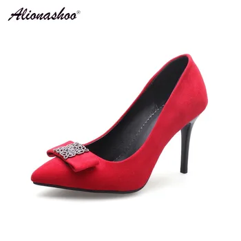 

Plus Size 34-42 Pointed Toe High Heel Women Shoes Fashion Thin Heel Party Women Shoes Flock Red PU Leather Lady's Pumps Shoes
