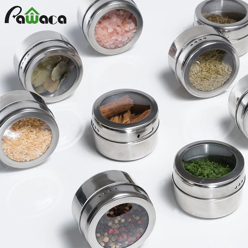 

6/12 pcs Stainless Steel Spice Jars Storage Containers Set with Clear Top Lid for Herb Salt Peper Magnetic Spice Jars Organizer