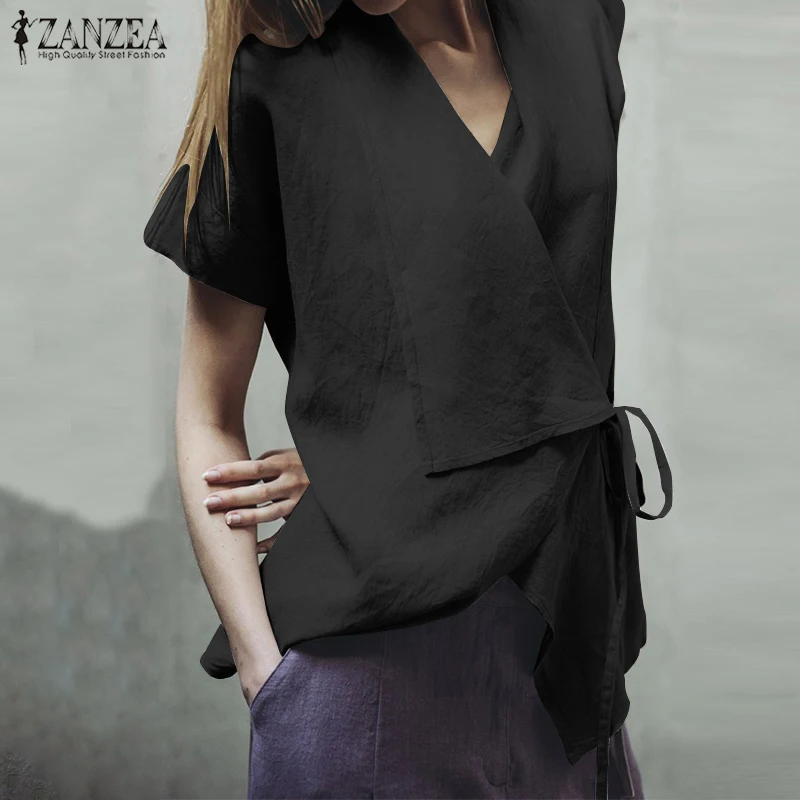 ZANZEA قطع تونيك علوية حريمي زائد حجم الإناث الدانتيل يصل بلوزة قميص كم قصير التلبيب القمم السيدات الصيف شيك Blusas تي شيرتات قطن