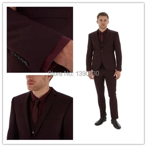 Image 2014 HOT SELLING 100% wool free shipping burgundy notch lapel two buttons three piece suit(jacket+pants+vest)!!