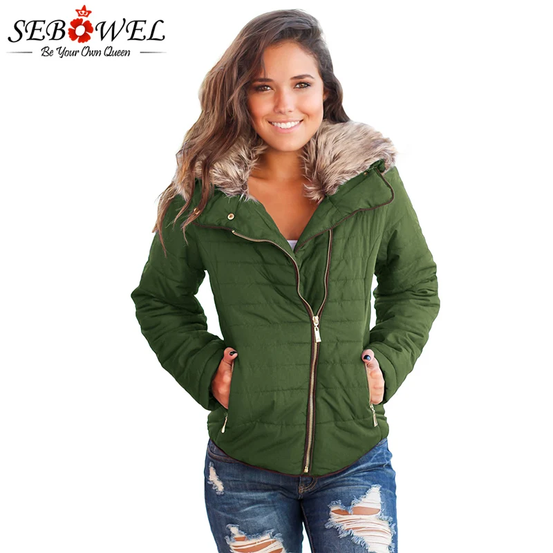 

SEBOWEL Autumn Winter Women Army Green Faux Fur Jacket Plus Size Slim Female Short Warm Velvet Coat Outwear Women Winter Clothes