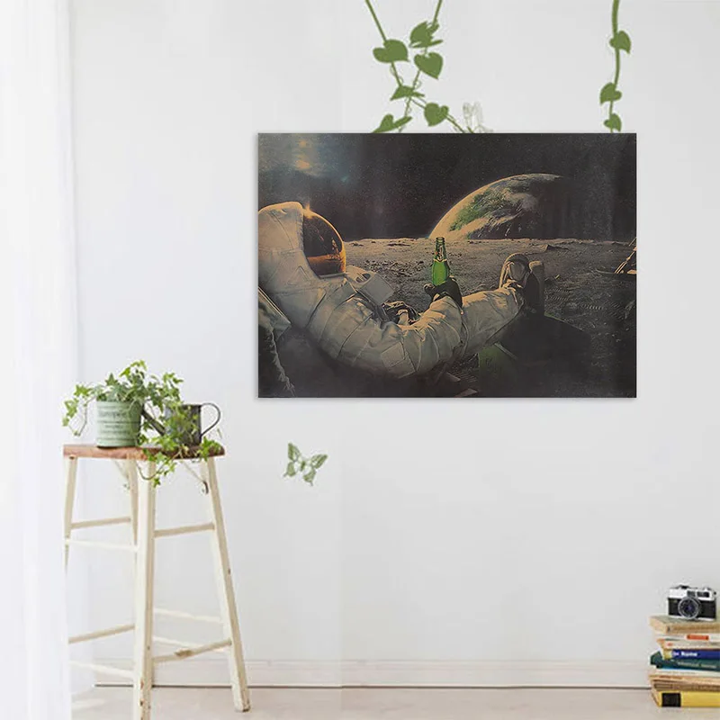

New Arrivals Retro Astronaut on the Moon Relaxing with Beer Fantasy Kraft Paper Poster Home Decor Art Wall Sticker Paster