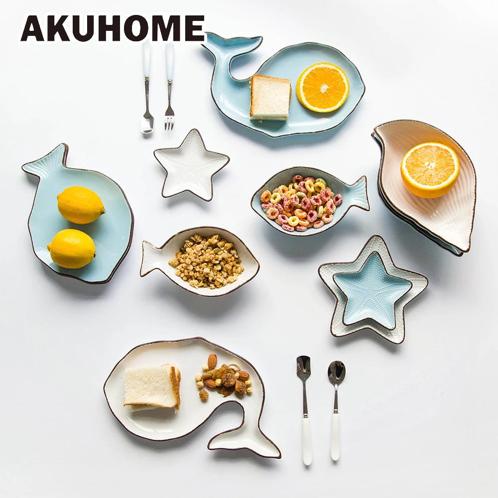 Ceramic Ocean Style Plate Whale Fish Dish Shell Starfish Trumpet Shell