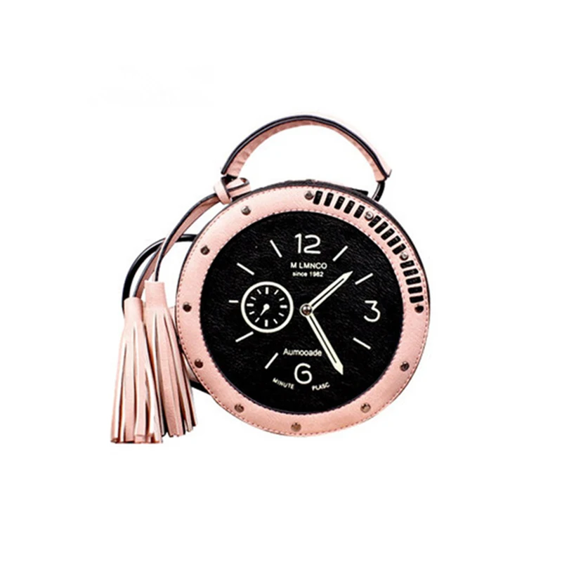New Women Tassel Clock Shoulder Bag INS Popular Fashion Female Circle Handbag Mini Travel Lady Rivet PU Handle Crossbody SS3483 (16)
