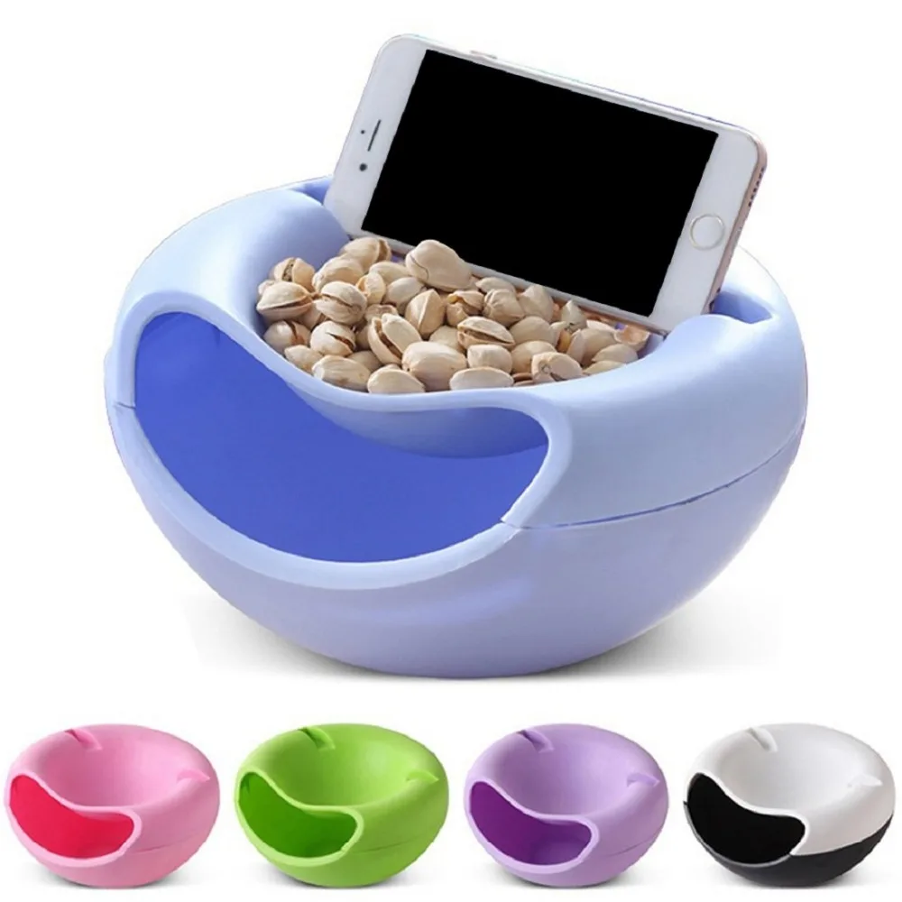 

Lazy Snack Bowl Seeds Nuts Candy And Dry Fruits Storage Box Creative Shape Two Layers With Phone Holder For TV