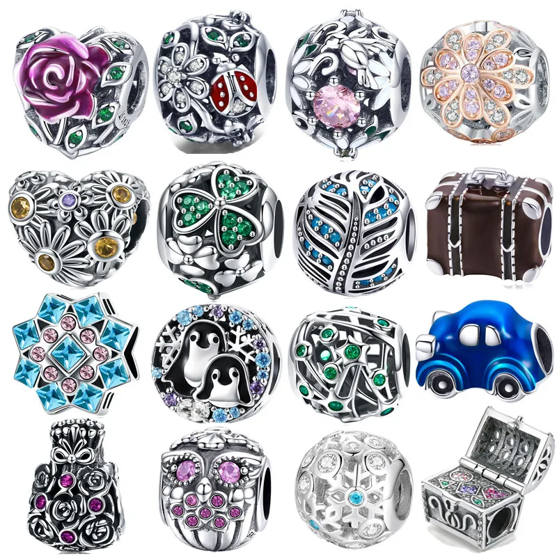 

INBEAUT Hot Sale 925 Sterling Silver Purple Rose Green CZ Clover Beads Little Blue Car Tree Penguin Charm fit Pandora Bracelet