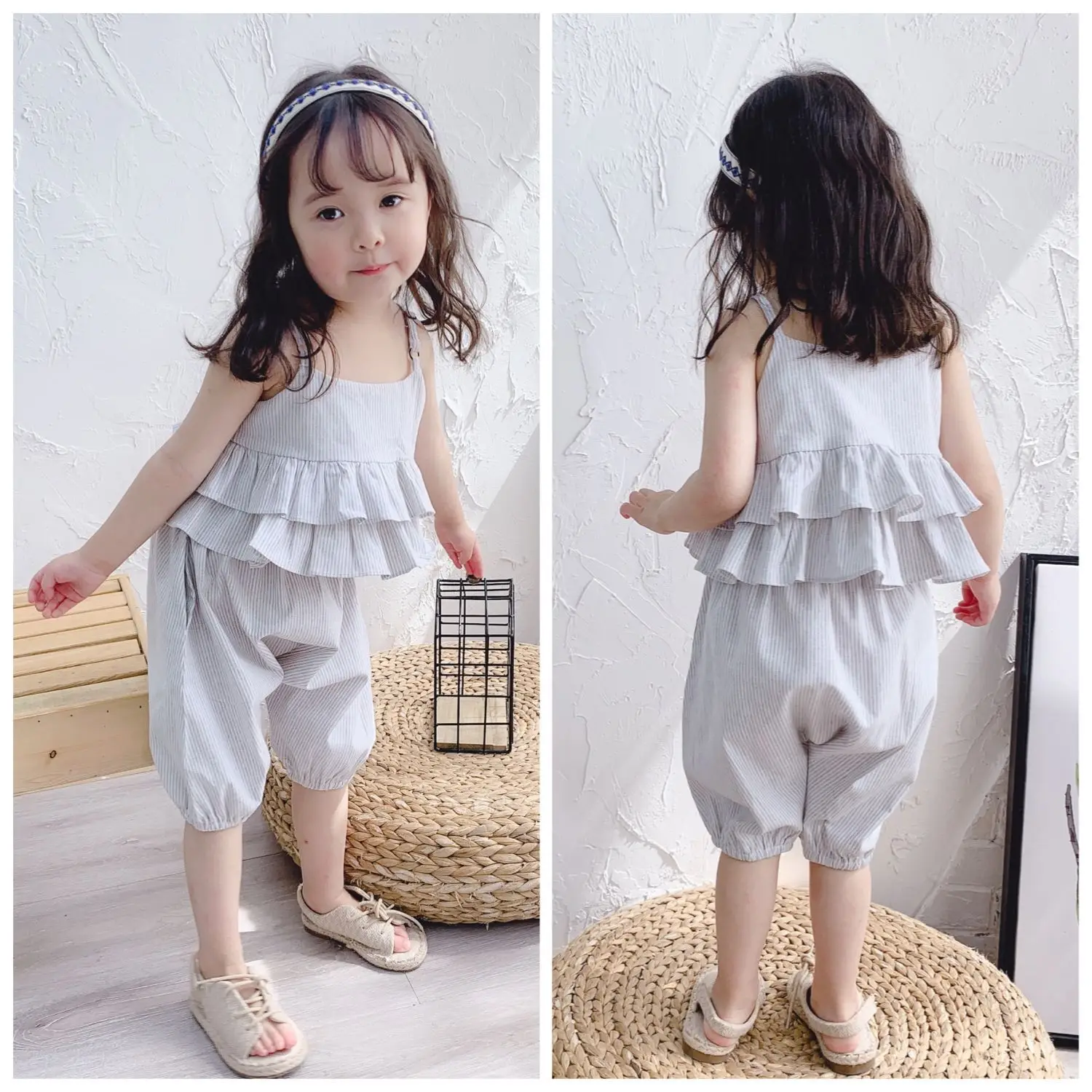 

Korean style 2019 baby girls striped clothes sets 1-5 years kids all-match sleeveless Pleated vest+ pants 2pcs sets