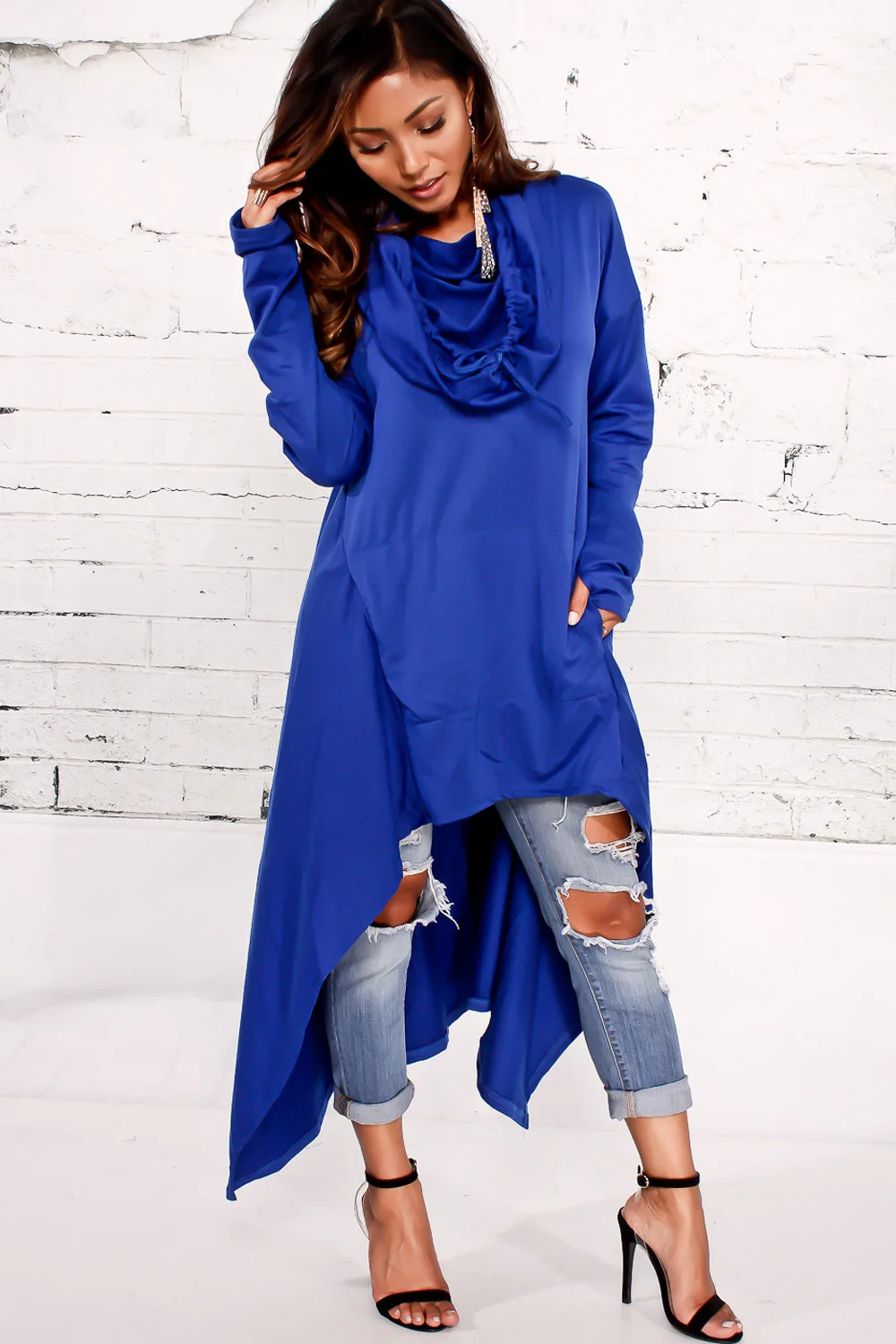 Женская зимняя Асимметричная толстовка с капюшоном и карманами размеры до