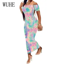 WUHE 2019 Summer Korean Women Sexy Off Shoulder Print Dress Female Slash Neck Open Back Night Club Pencil Bodycon Maxi Dress open back tribal print maxi dress
