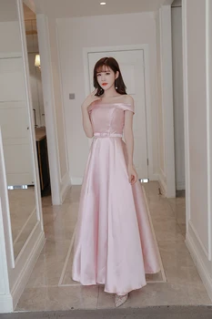 

Pink Colour Satin Sleeveless Long Dress Off The Shoulder Bridesmaid Dress Wedding Party Dresses for Women Back of Bandage