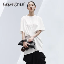 TWOTWINSTYLE, Женская длинная футболка с рюшами, круглый вырез, короткий рукав, негабаритный Размер, необычные футболки, женские летние модные повседневные топы