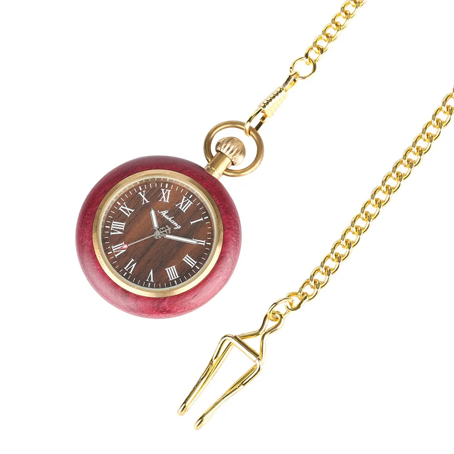 Красные деревянные кварцевые карманные роскошные золотые часы панк-кулон цепочка римские цифры дисплей винтажные часы подарки в античном