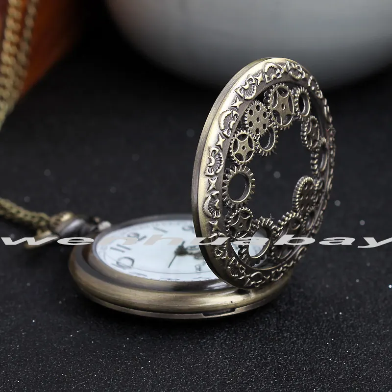 Античная бронза Шестерни стимпанк Винтаж полый кварцевые карманные часы Цепочки и ожерелья цепь Подвески часы для Для мужчин Для женщин
