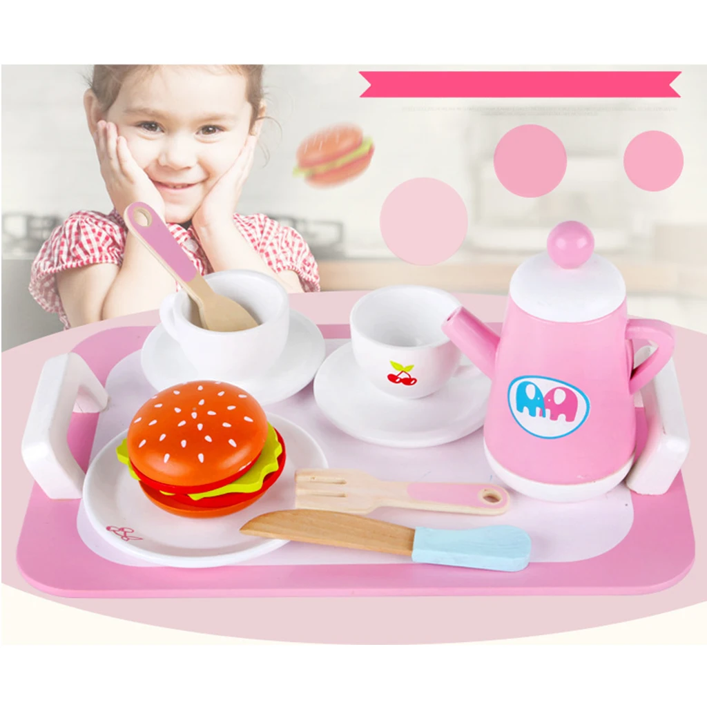 14-piece Wooden Tea Set Pretend Play Toy Educational Game For Kids Children- Soild Wood Saucer Cup Teapot Food Set