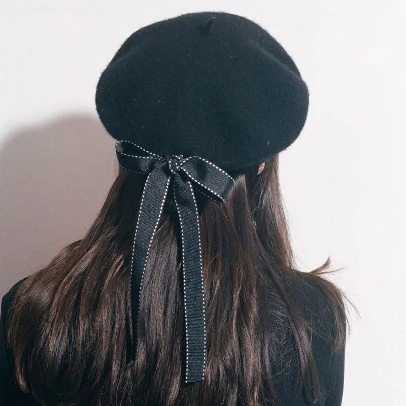 

Fashion Women Vintage Ladies Beret Causal Solid Harajuku Wool Basque Beret Hat With Bowknot One Size For Girls