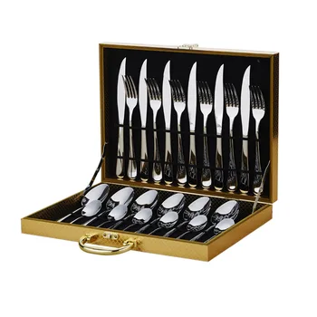 

24-Piece Set Wooden Box Stainless Steel Tableware Set 6 for Steak and Fork Spoon Spoon and Fork Food Picks Wood Fork 3DCJS20